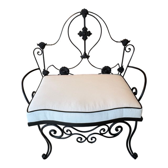 Vintage Wrought Iron Garden Patio Bench Stool Newly Upholstered Powder-Coated For Sale