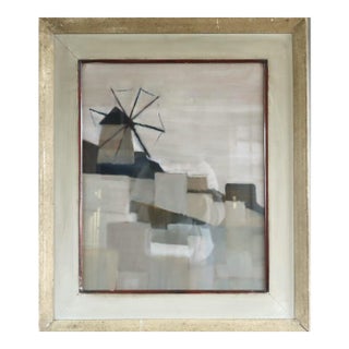 Mid-Century Modern 'Windmill on the Hill' Vintage Minimalist Original Landscape Oil Painting, Framed For Sale