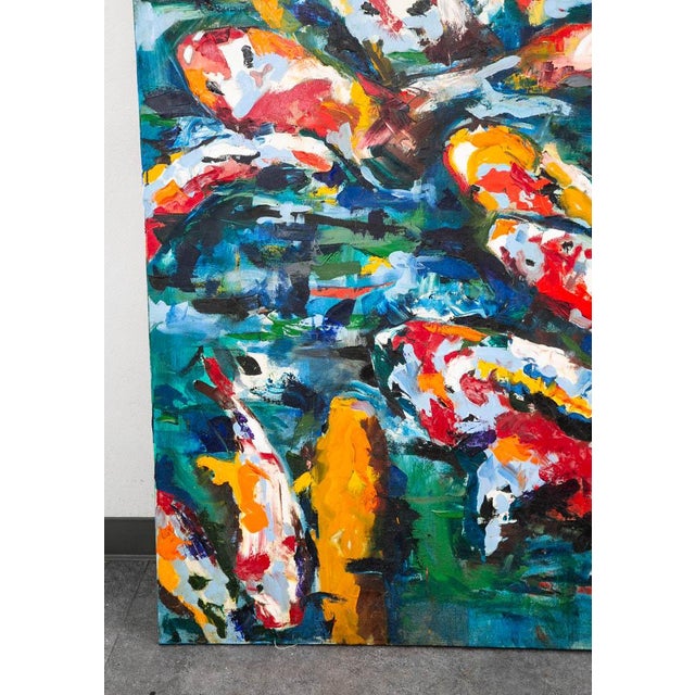 Blue Mid 20th Century Oil Painting Koi Fish Textured Signed Romero Abstract Large 6'x7' For Sale - Image 8 of 12