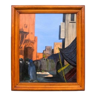 1963 Oil on Board Painting of Morocco Probably Marrakech. Souk Street Scene For Sale