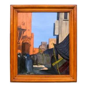 1963 Oil on Board Painting of Morocco Probably Marrakech. Souk Street Scene