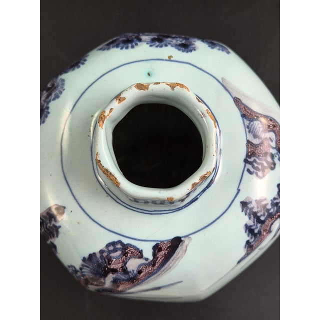 Blue Antique Dutch Blue and Manganese Octagonal Baluster Vase from Delft, 1680 For Sale - Image 8 of 13