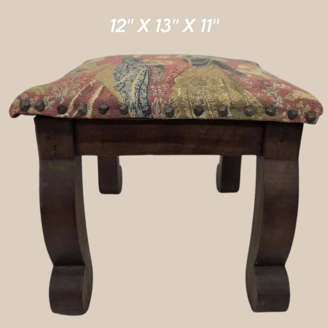 1940s Tapestry Footstool Jacobean Revival Wood Oak Ottoman Brass Tacks Dark Academia For Sale - Image 6 of 6