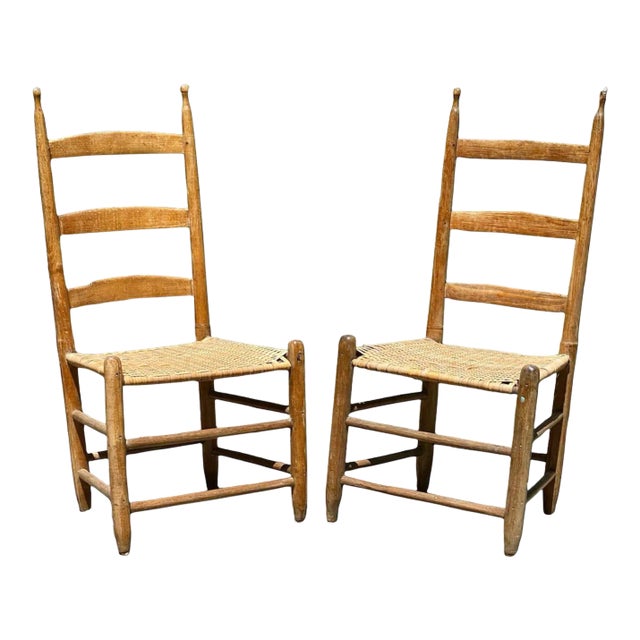 Pair of 19th Century Antique Southern Ladderback Side Chairs - Splint Woven Seats For Sale