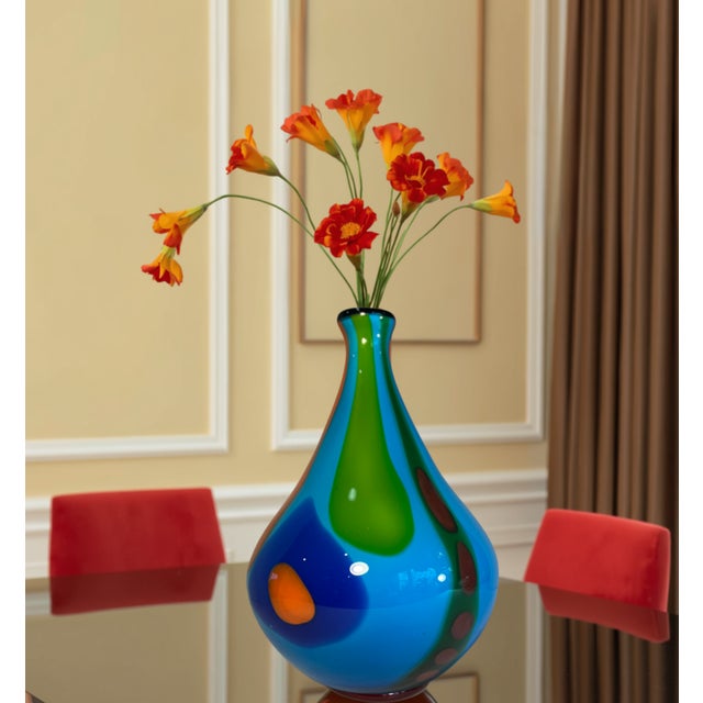 Blue 13+ In. Tall Murano Style Multicolor Tear Shaped Art Glass Vase For Sale - Image 8 of 16