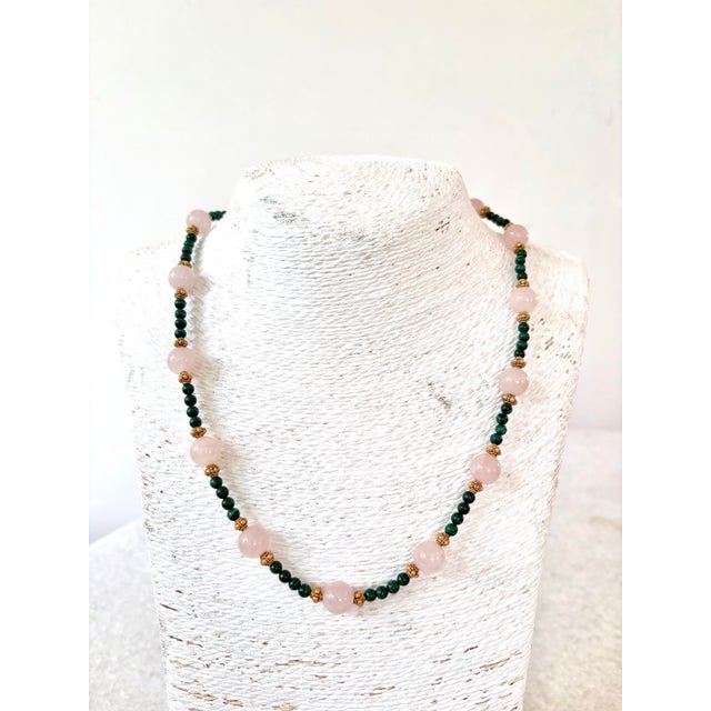 Lovely vintage rose, quartz, and Malachite beaded necklace with gold plated spacers