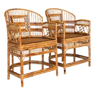 A Pair-Restored Thomasville Brighton Pavilion Scorched Bamboo Armchairs For Sale
