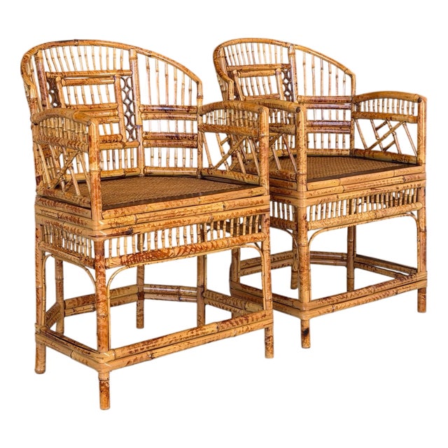 A Pair-Restored Thomasville Brighton Pavilion Scorched Bamboo Armchairs For Sale