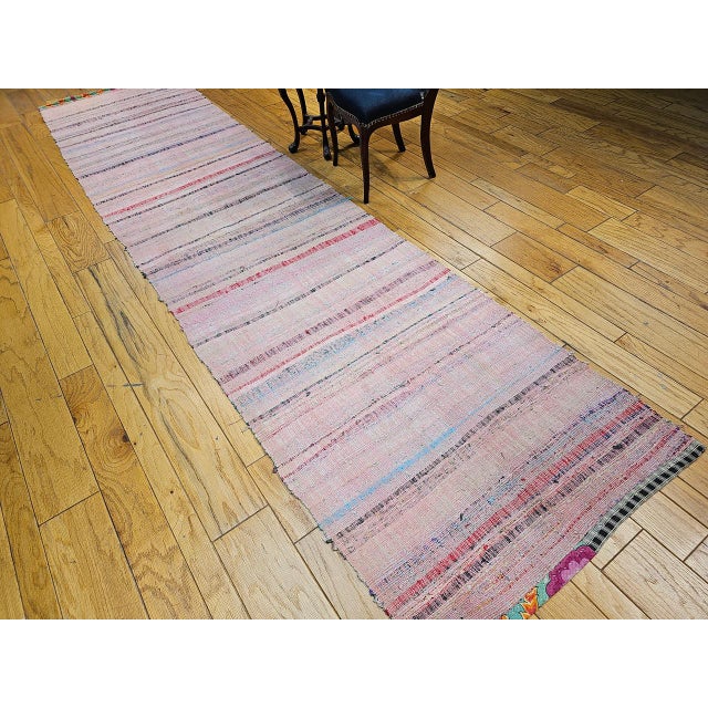 Vintage Rag Runner, Handwoven Wool & Cotton, Stripe Pattern, Red & Pink, 3x14 For Sale - Image 4 of 18