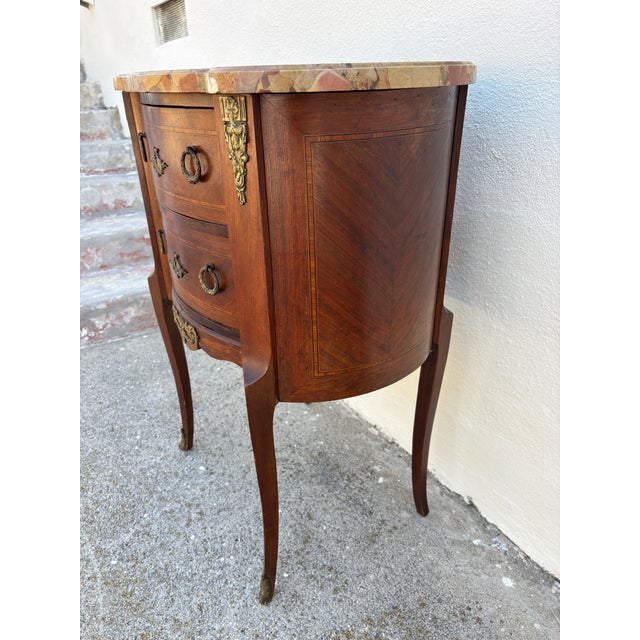 Wood Antique French Louis XV or Louis XVI Style Kidney-Shaped Marquetry Commode / Side Table With a Marble Top For Sale - Image 7 of 12