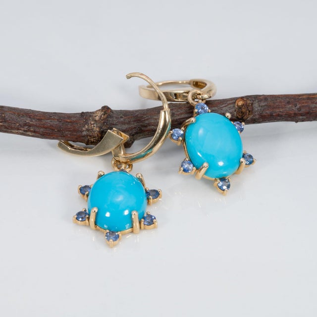 6Ct Sonoran Turquoise Earrings With Blue Sapphire: Solid 14k Gold, 11x9mm, Pair For Sale - Image 4 of 5