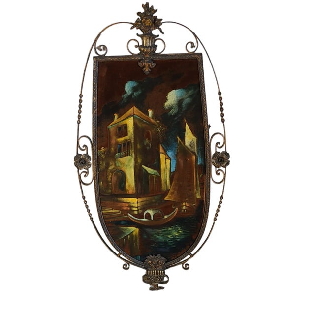 Antique Italian Bronzed Ornate Floral Urn Metal Frame Florentine Painted Venetian Velvet Fabric Wall Hanging Art For Sale - Image 11 of 11