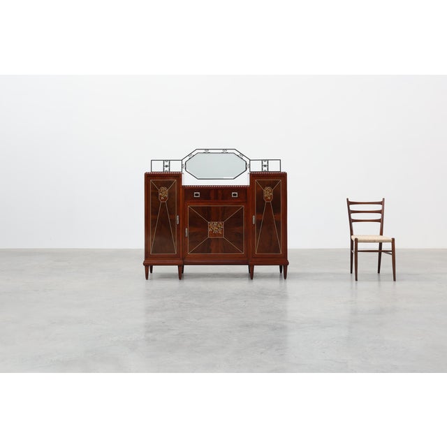 Art Deco Marquetry Cabinet with Wrought Iron Mirror Crest, Belgium, 1920s For Sale - Image 4 of 17