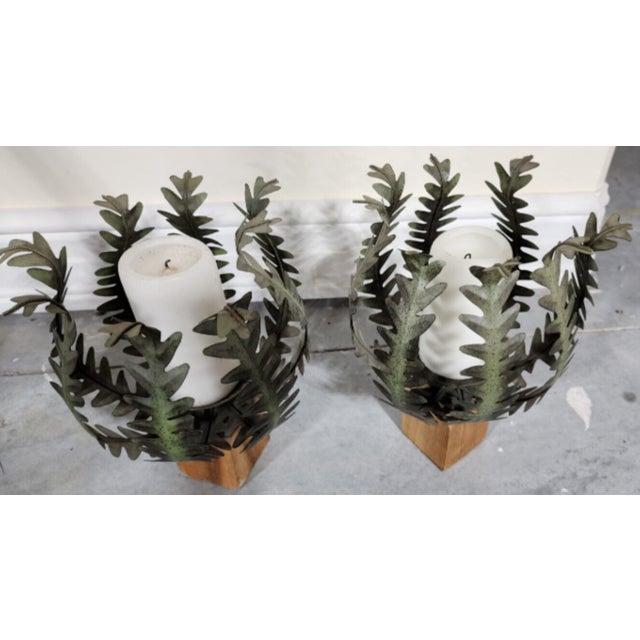 1960s Pair of Vintage Italian Toleware Metal and Wood Fern Candle Holders For Sale - Image 5 of 7