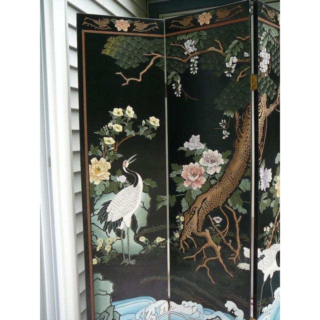 Asian Vintage Wood Carved Black Lacquer 6 Panel Room Divider Screen For Sale - Image 3 of 6