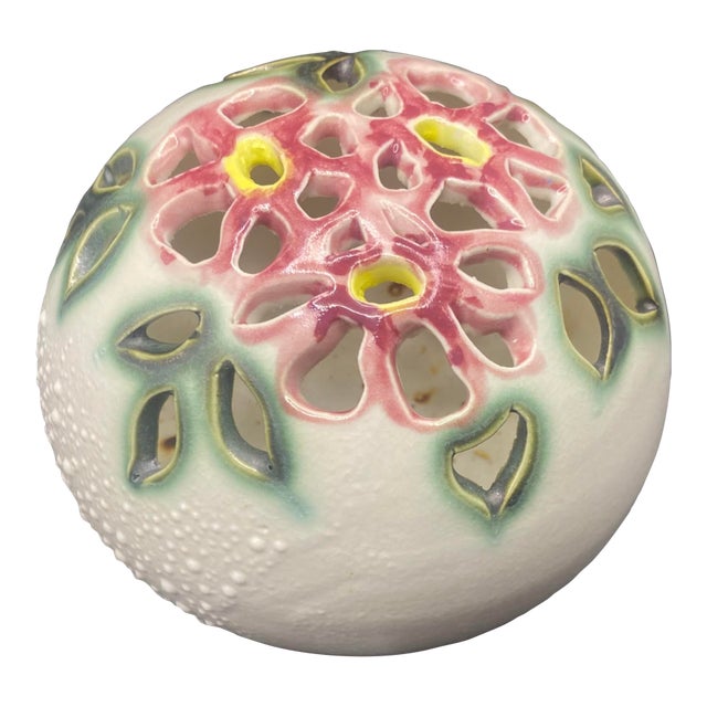 Clouds Folsom Pottery 1989 Sphere Orb Vase Floral Cutout Studio Art Signed 5" For Sale
