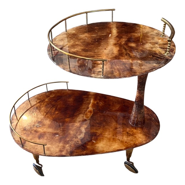 2-Tier Bar Cart in Lacquered Goatskin and Brass attributed to Aldo Tura, 1960s For Sale