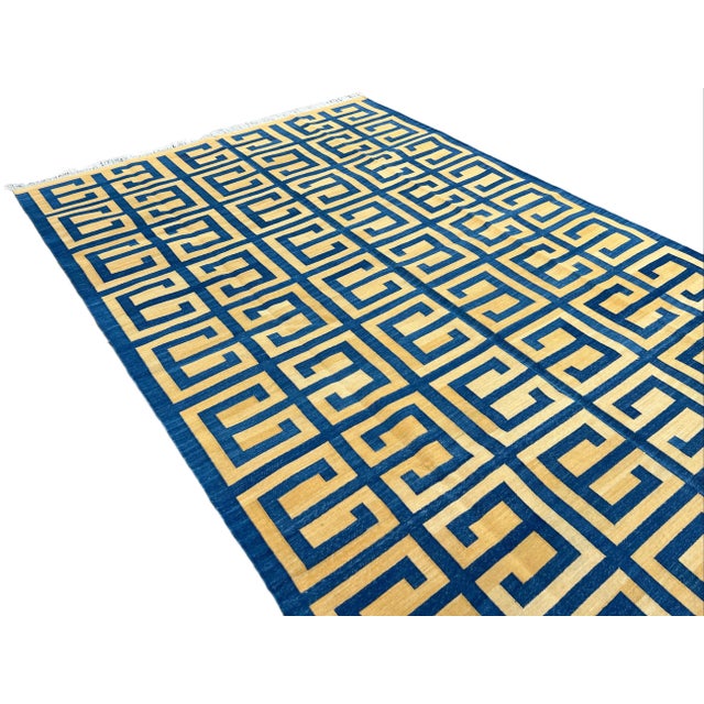 Textile Not Yet Made - Made To Order Handmade Cotton Natural Vegetable Dyed Royal Blue and Yellow Geometric Pattern Rug - 12'x15' For Sale - Image 7 of 11