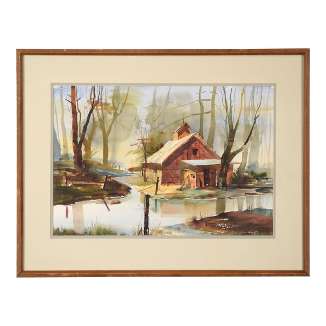 The Fishing Shack, Landscape Watercolor by Floyd Town For Sale