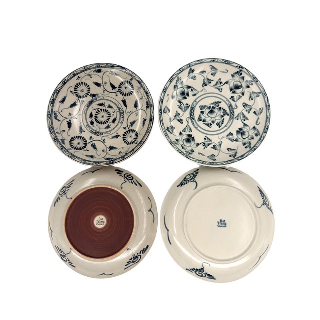 Modern Vintage Bat Trang Vietnamese Ceramic Dinner Plates Blue With Blue and Cream Lotus Floral Motifs - Set of 6 For Sale - Image 3 of 12