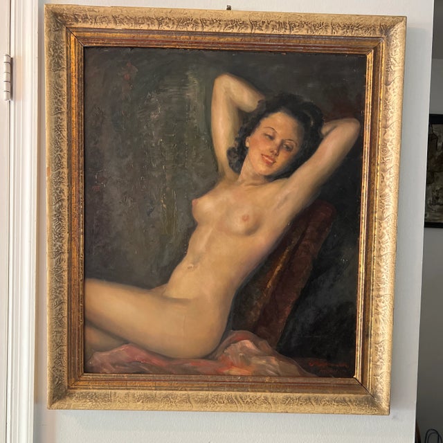 1900 German School Oil Painting on Board of a Reclining Female Nude, Framed and Signed For Sale - Image 10 of 10