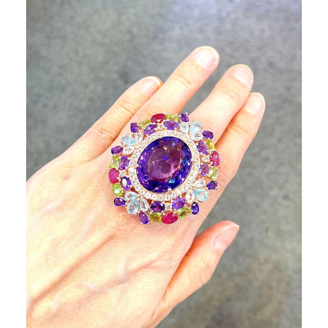 Bochic “Orient” Amethyst & Ruby & Multi Gem Cocktail Ring Set 18K & Silver Natural Amethyst - 7.50 carats Natural White...