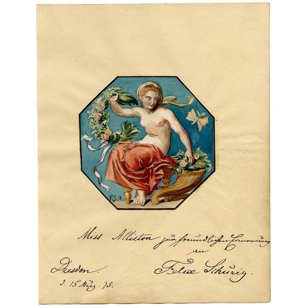 An original 1875 watercolour painting, Felix Schurig, Nymph with Cornucopia & Flower Garland.A beautiful, sensitively...