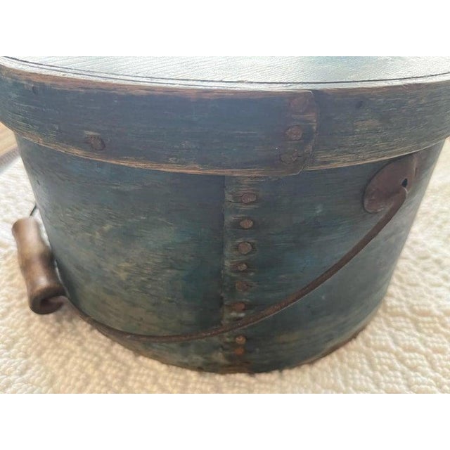 Folk Art 19Thc Original Blue Painted Bail Handled Pantry Box For Sale - Image 3 of 7