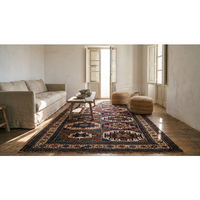 Red 1890s Multicolor Tribal Grid Caucasian Kazak Moghan Rug 4'6" X 7' Handknotted Wool Carpet For Sale - Image 8 of 9