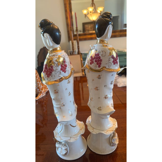 Vintage Porcelain Guanyin Statues - Quan Yin Gold Gilt L 18" Pair C1915 Rare For Sale - Image 17 of 18