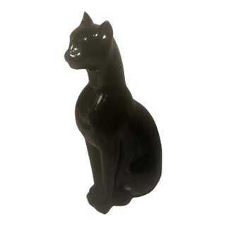 Modernist Baccarat France Black Egyptian Style Cat Figurine 6.5" Tall For Sale