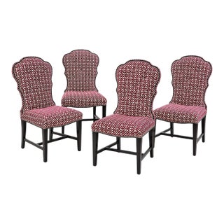 Set of 4 Custom Upholstered Burgundy Geometric Velvet Dining Chairs For Sale