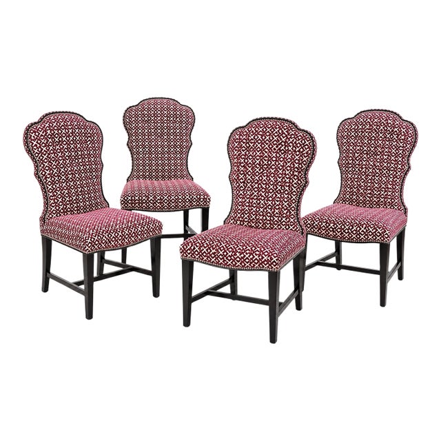 Set of 4 Custom Upholstered Burgundy Geometric Velvet Dining Chairs For Sale