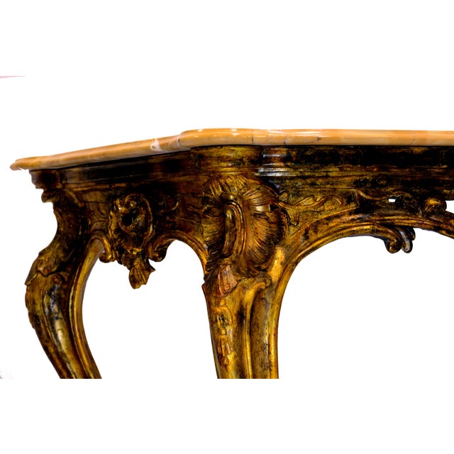 Wood Antique Louis XIV Italian Console Table with Carved Gilded Wood and Yellow Siena Marble, 18th Century For Sale - Image 7 of 9