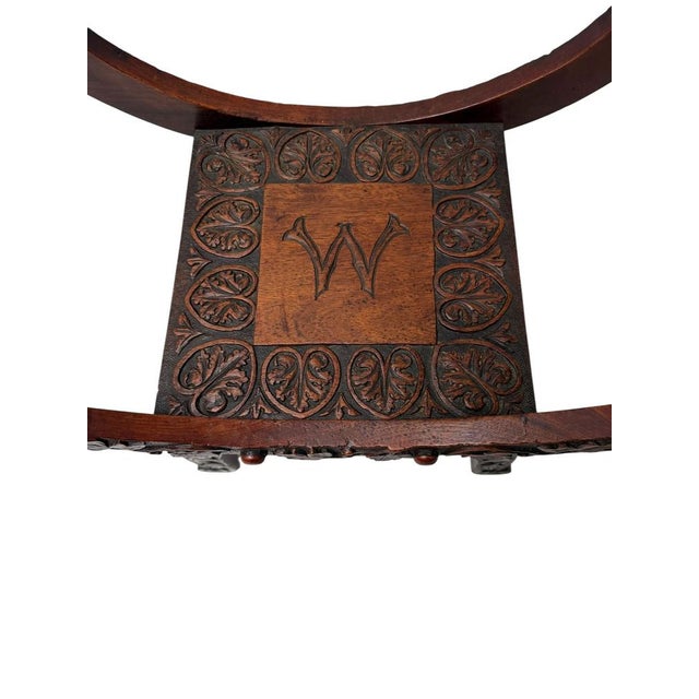 Brown Art Nouveau Walnut Savonarola Hand-Carved Stool, 1900s For Sale - Image 8 of 9