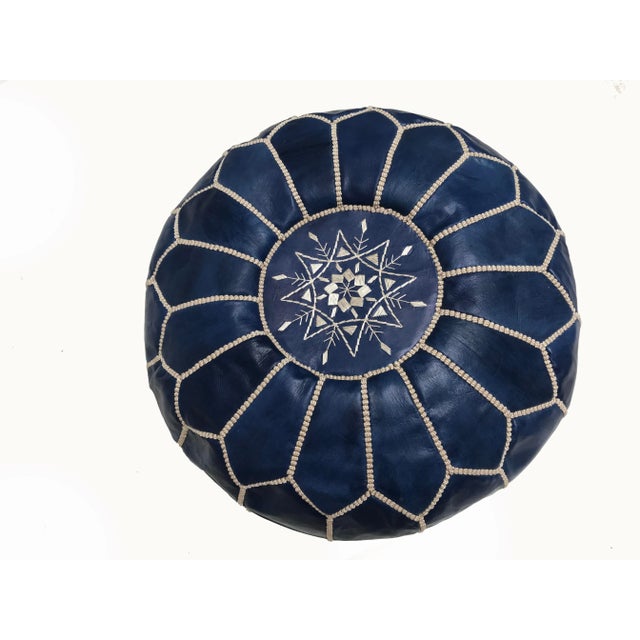 Animal Skin Moroccan Blue Leather Pouf Covers - a Pair For Sale - Image 7 of 9