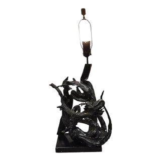Vintage Mid Century Modern Large Driftwood Wooden Black Sculptural Table Lamp For Sale