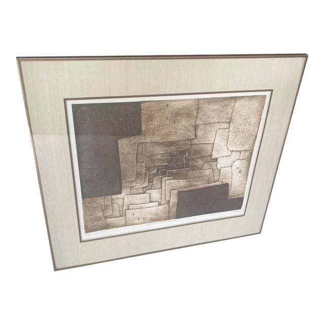 1970s Abstract Brutalist Lithograph with Shapes, Framed For Sale