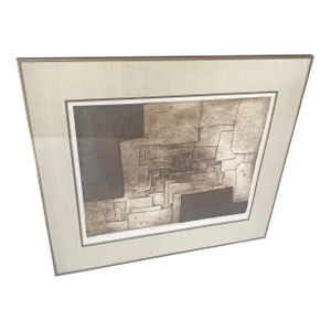 1970s Abstract Brutalist Lithograph with Shapes, Framed