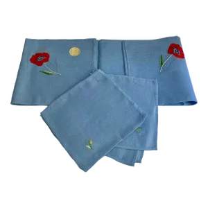 Vintage Ricamo a Mono Embroidered Blue Linen Table Covering & Napkin Set- 7 Pieces