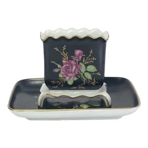 1960s Rosenthal 2-Piece Black Rose Porcelain Vanity Dresser Set, Tray/Bowl Germany