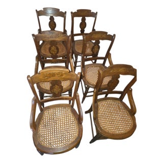 Set of 6 Vintage Cane Seat Dining Chairs — Handwoven Cane, Wooden Dining Seating For Sale