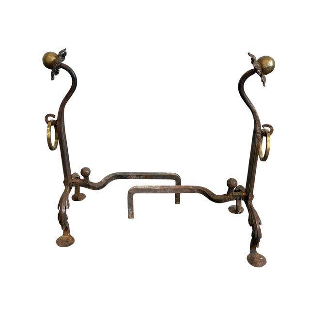 Vintage Brass Hammered Flower Fireplace Andirons For Sale - Image 9 of 10