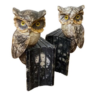 Antique Carved Italian Marble Owl Bookends - a Pair For Sale