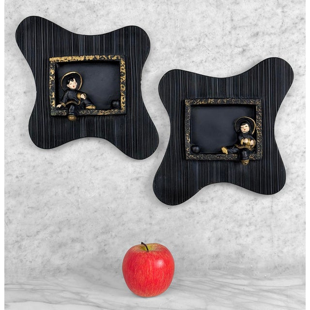 - A Pair of Original 1950's Asian Figural Wall Plaques - Each Plaque is Made of Chalkware with a Black Finish - Textured...