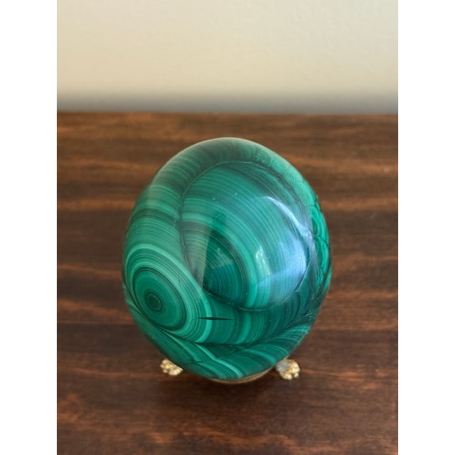 Large Solid Malachite Egg on Neoclassical Brass Stand With Paw Feet For Sale - Image 9 of 10