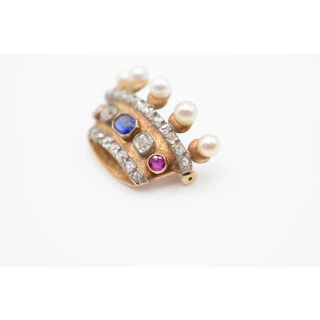 Art Deco Antique Pearl, Ruby, Sapphire and Diamond Crown Brooch For Sale - Image 3 of 9