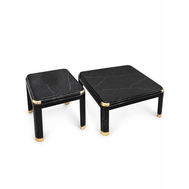 Metal Vintage Postmodern Black Marble-Look Coffee and Side Tables With Brass Accents — Set of 2 For Sale - Image 7 of 12