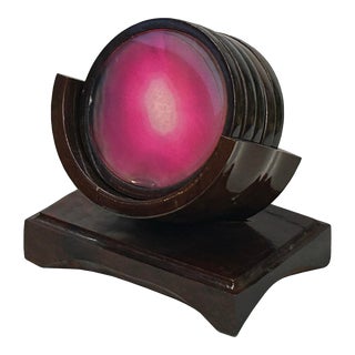 3.5" Set of 5 Hot Pink Stone Round Wood Frame Coaster W Rack For Sale
