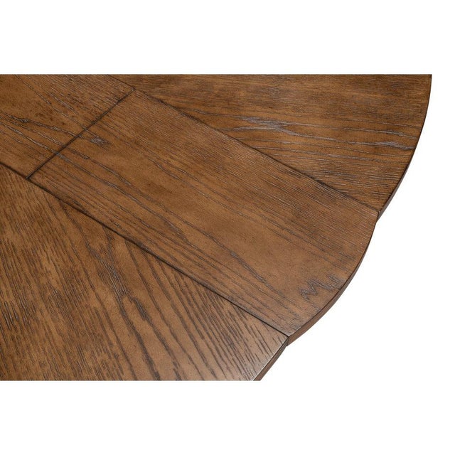 Wood Transitional Round Dining Table, Medium - Light Brown Oak With Hammered Iron Accents For Sale - Image 7 of 11